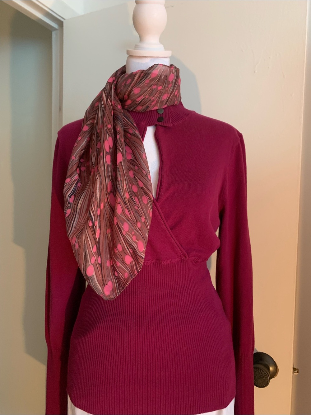 Mexx , women's Long Sleeve Ribbed Knit Top in Deep Rasberry color